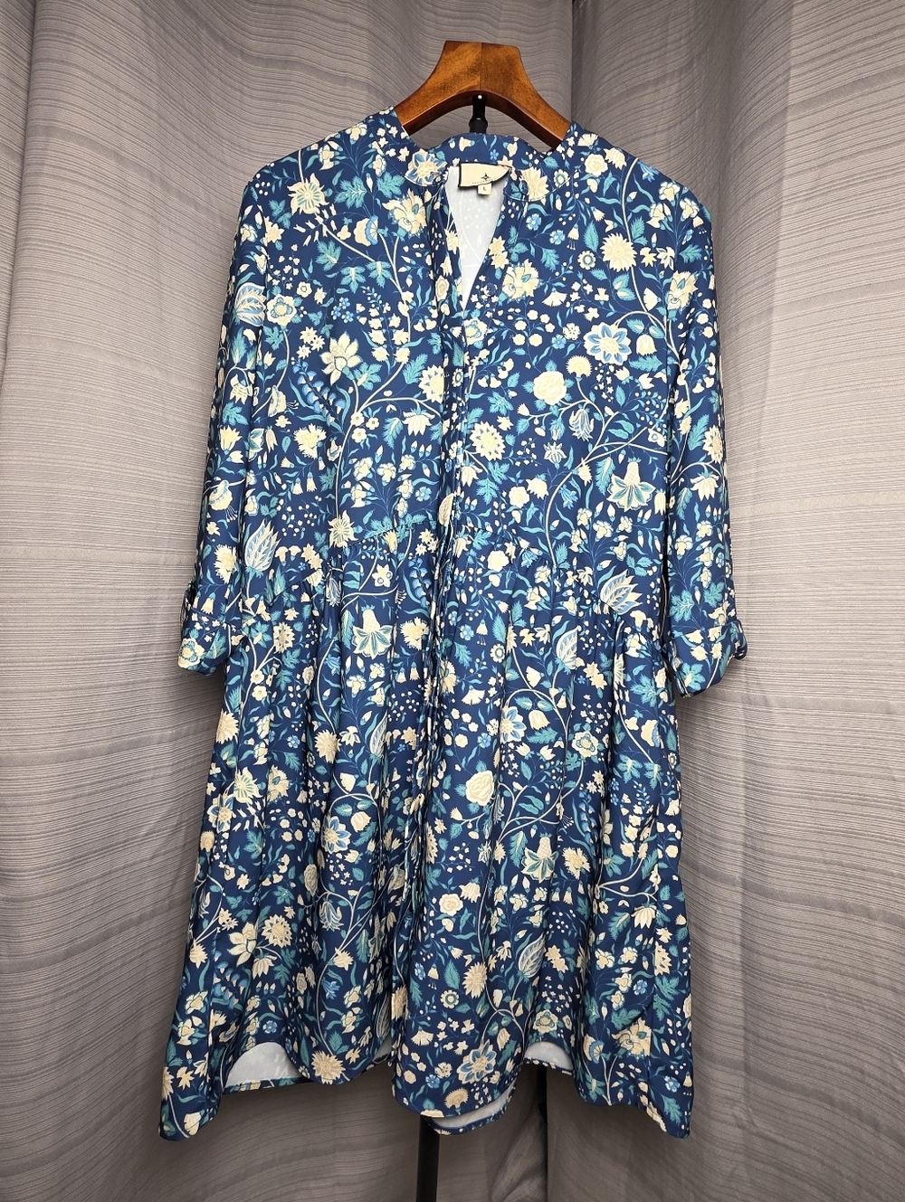 Tuckernuck Royal Shirt Dress Blue Floral Large Preppy Cottagecore Bohemian Chic